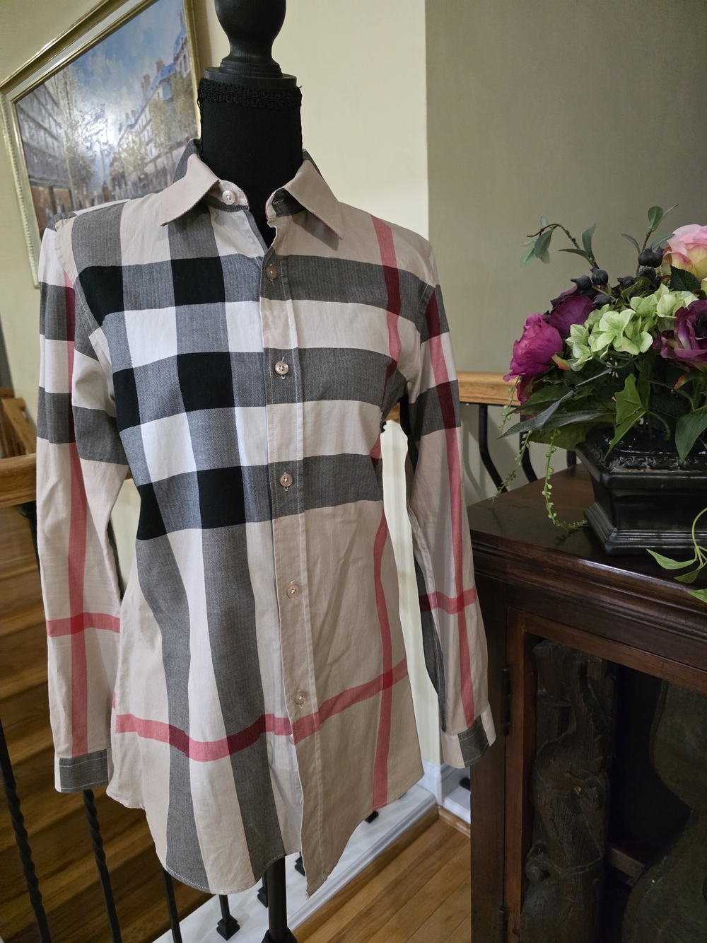 Burberry BRIT women's Large Beige Black Pink Plaid‎ Button-Down Shirt